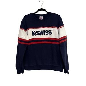 Y2K K-SWISS Mens Navy Colorblock‎ Cotton Crew Neck Pullover Sweatshirt Medium